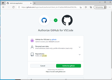 GitHub request to authorise VS Code